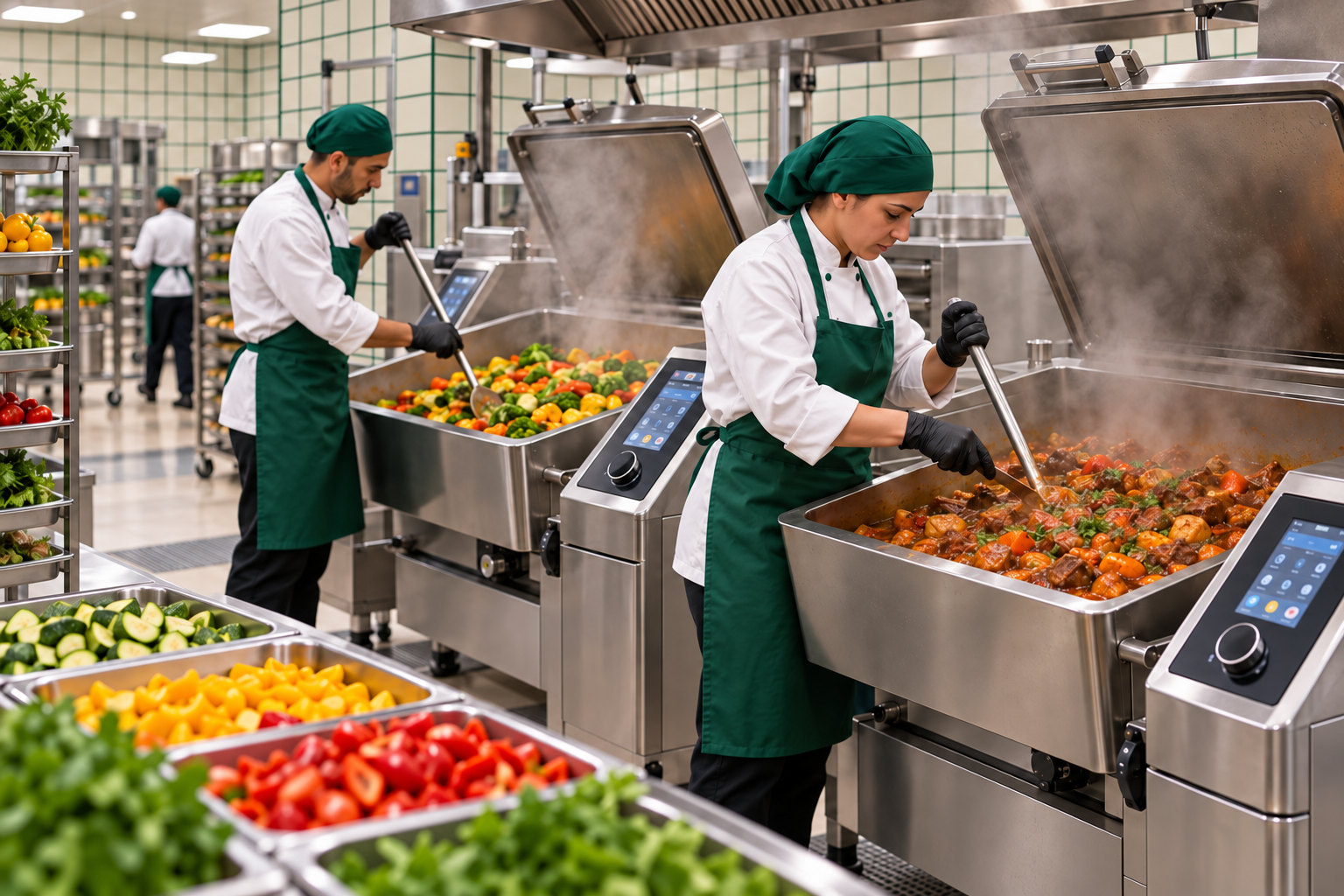 Équipe cuisinant avec des sauteuses multifonctions professionnelles