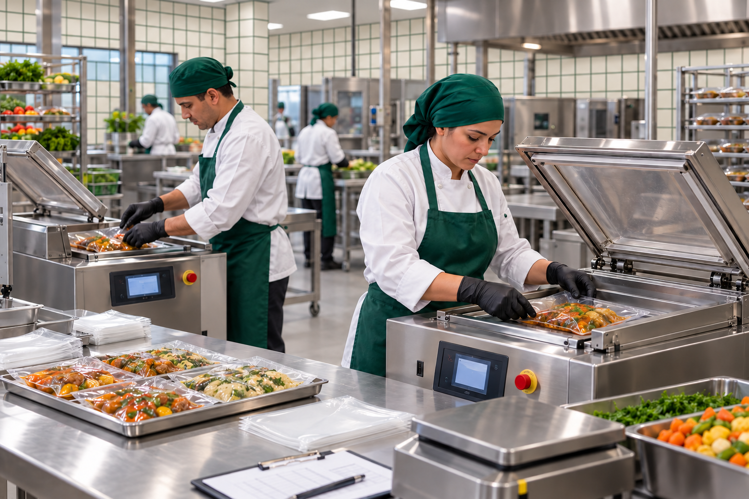Équipe travaillant sur des machines professionnelles de mise sous vide